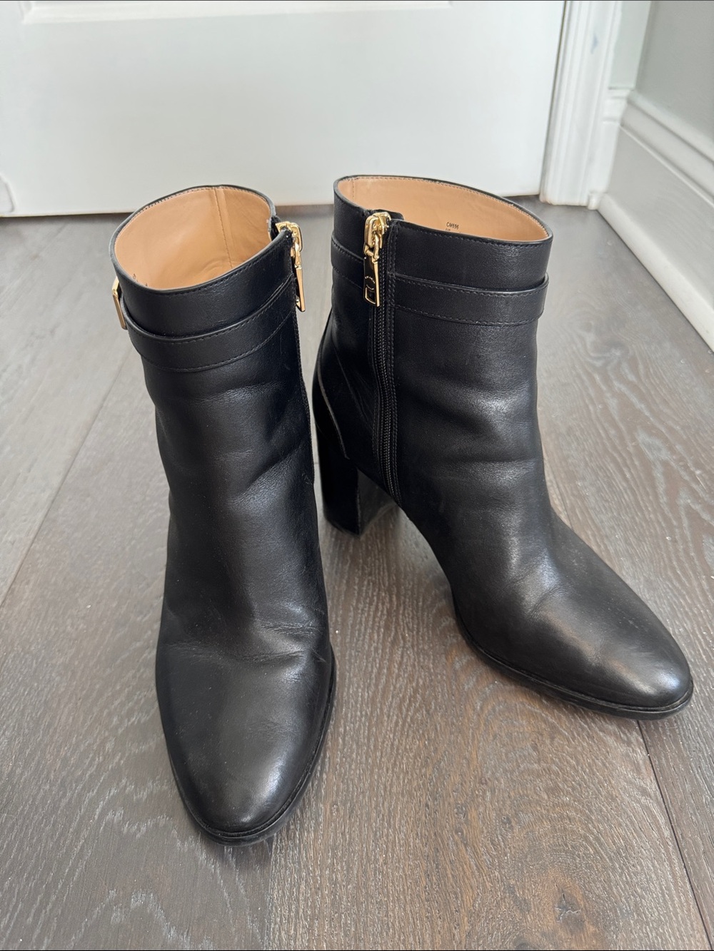 Coach Black Leather Ankle Booties with Gold Trim